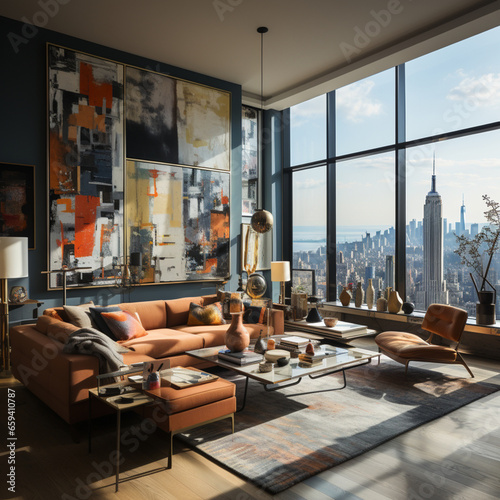 Interior Design modern Living room, windows show stunning view of the city skyline, Apartment room © AlexCaelus