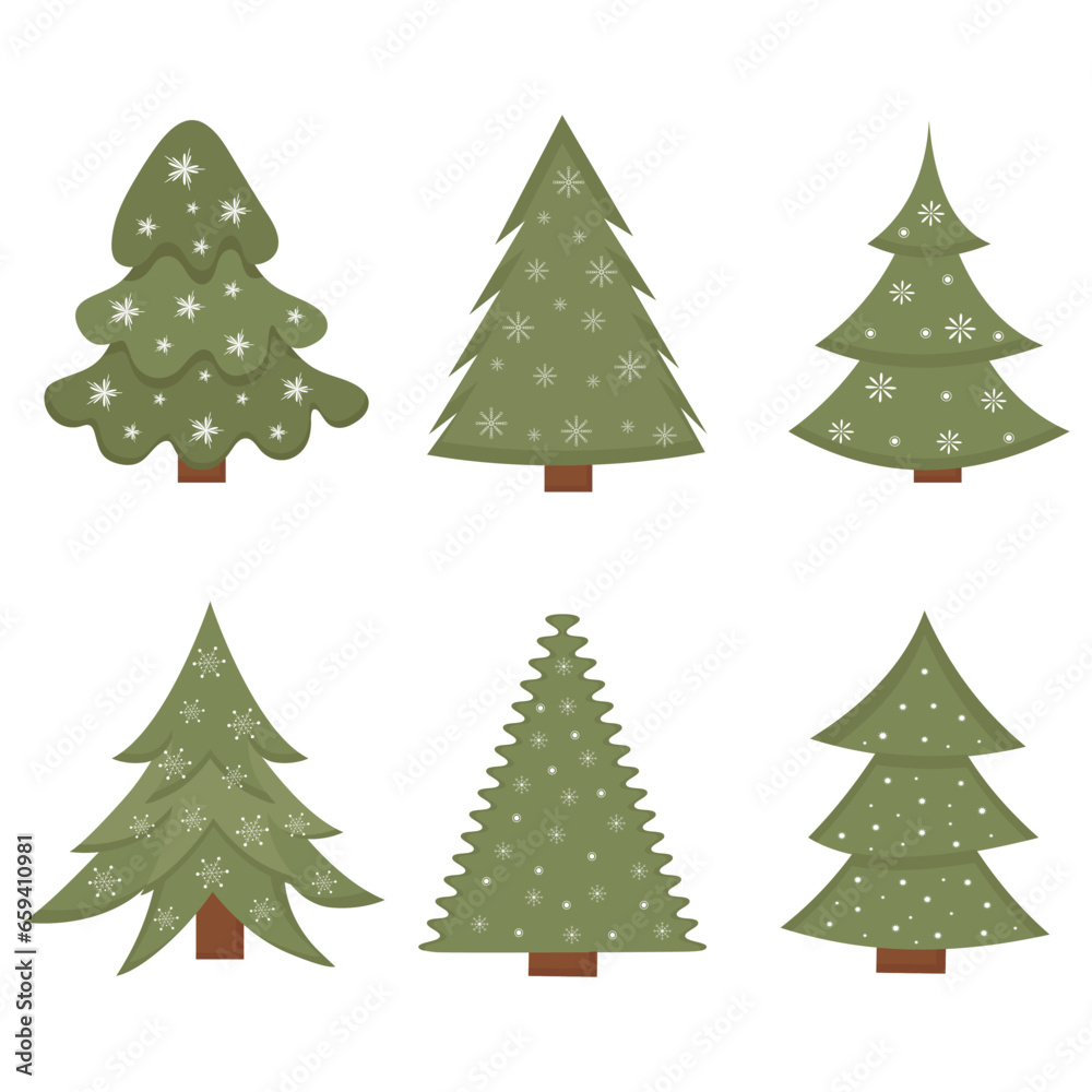 Set of Christmas tree. New Years fir tree with snowfall decorations. Decorated xmas trees. Suitable for greeting card, invitation, banner, web. Elements for winter holidays decoration.