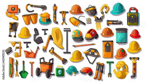 Stickers, Construction tools, Cartoon caricature tools. Plastic cap, surveyor, plumb, masonry trowel, mortar mixer, sand cart. Generative Ai. © tong2530