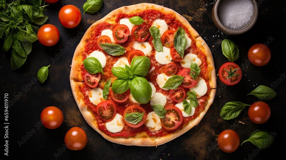  a pizza with tomatoes, basil, mozzarella and mozzarella cheese.  generative ai