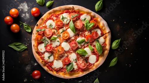  a pizza with tomatoes, mozzarella and basil leaves. generative ai