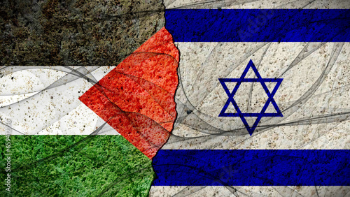 Flags of Israel and Palestine painted on cracked wall background