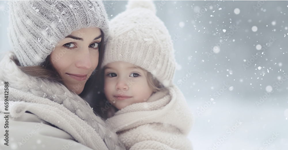 portrait of cheerful mother and little kid together in winter park when snow falls copy space. Magical winter fairytale landscape portrait of cheerful mother and little kid together in winter park when snow falls copy space. Magical winter fairytale landscape