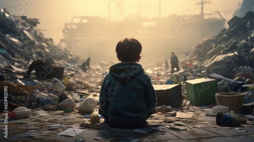 Looking at a room full of garbage after the war destroyed his city, the back of a child in a slum community is sad and sad.