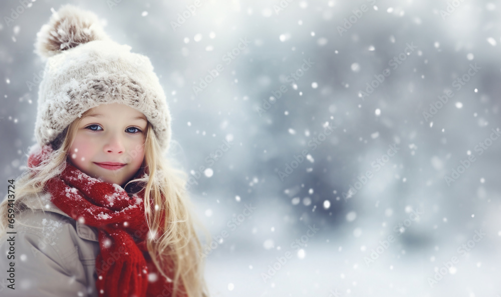 Magical fairy tale winter landscape with snow fall. Outdoor close up photo of young beautiful happy smiling girl walking on street. Wearing stylish white knitted winter hat and gloves. Copy, empty Magical fairy tale winter landscape with snow fall. Outdoor close up photo of young beautiful happy smiling girl walking on street. Wearing stylish white knitted winter hat and gloves. Copy, empty