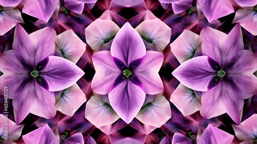 pink pansy blossoms in a seamless modern kaleidoscope pattern. © Nazia