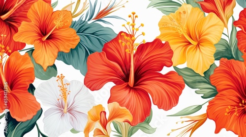 Isolated on white backdrop  seamless pattern  botanical drawing  gorgeous tropical flowers  floral adornment.