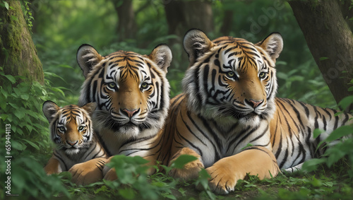 A Close up picture of a family of Bengal Tigers consisting of Male  female and a cub in fine detail relaxing in the forests in India..