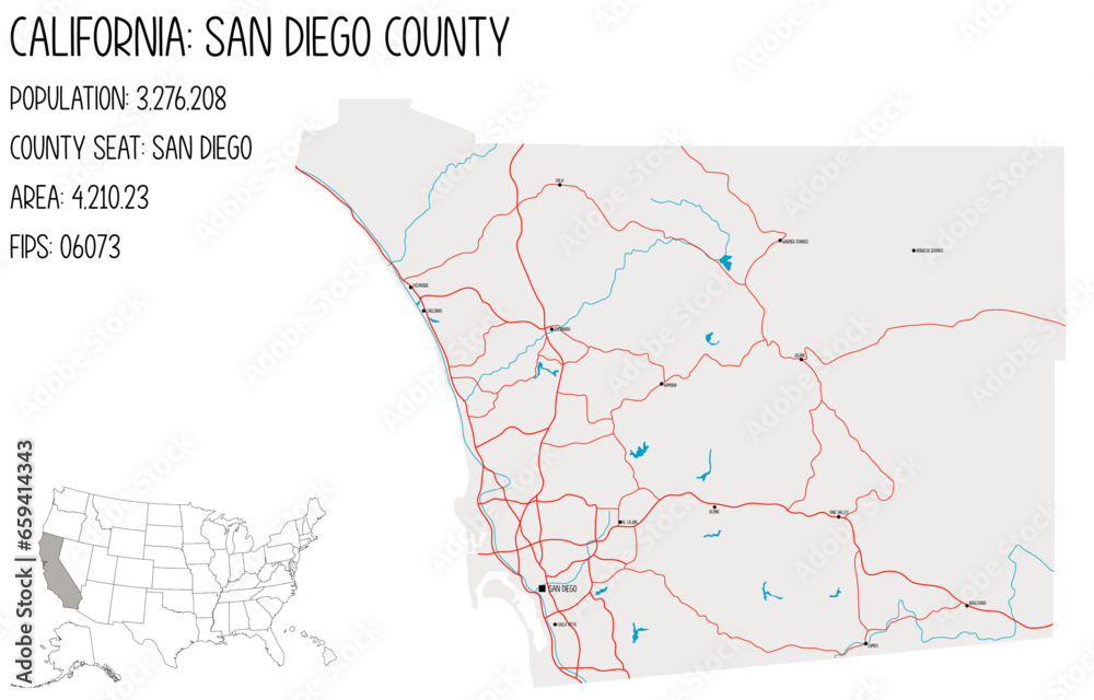 Large and detailed map of San Diego County in California, USA.
