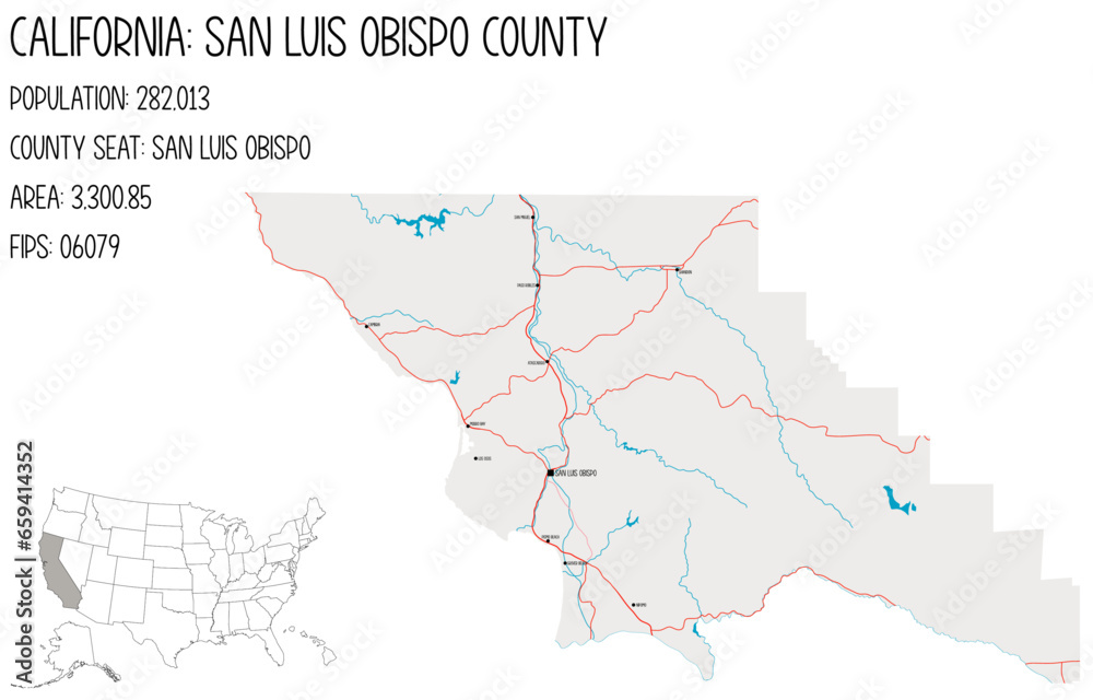 Large and detailed map of San Luis Obispo County in California, USA.
