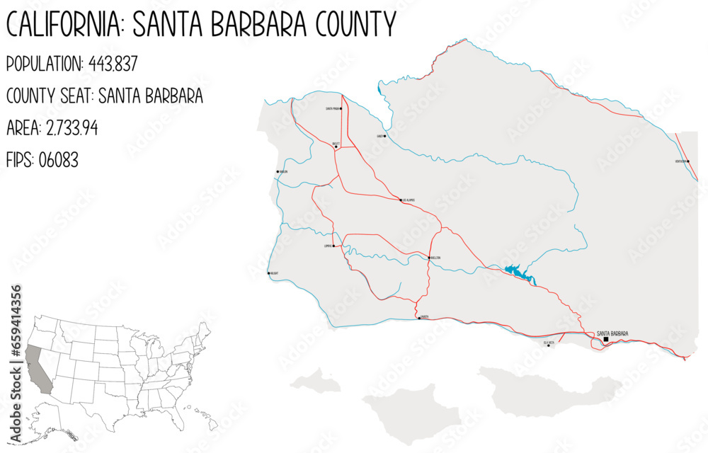 Large and detailed map of Santa Barbara County in California, USA.