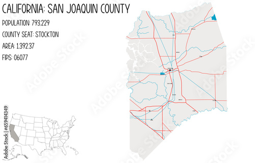 Large and detailed map of San Joaquin County in California, USA.
