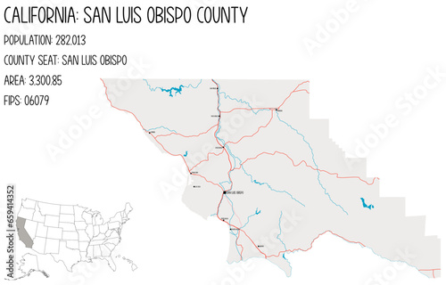 Large and detailed map of San Luis Obispo County in California, USA.
