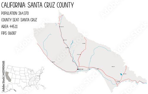Large and detailed map of Santa Cruz County in California, USA.