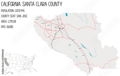 Large and detailed map of Santa Clara County in California, USA. photo