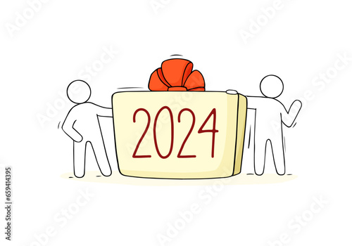 Happy New year 2024 icon with doodle people. Vector sketch illustration of cute little and gift box with numbers of year