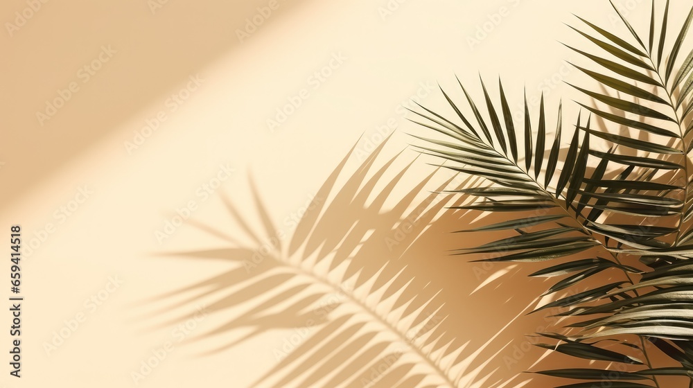 Beige background with shadow and palm leaves - obrazy, fototapety, plakaty 