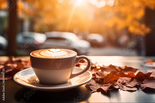 Autumn, fall leaves, hot steaming cup of coffee. Street Cafe. Seasonal, morning coffee, Sunday relaxing and still life concept.
