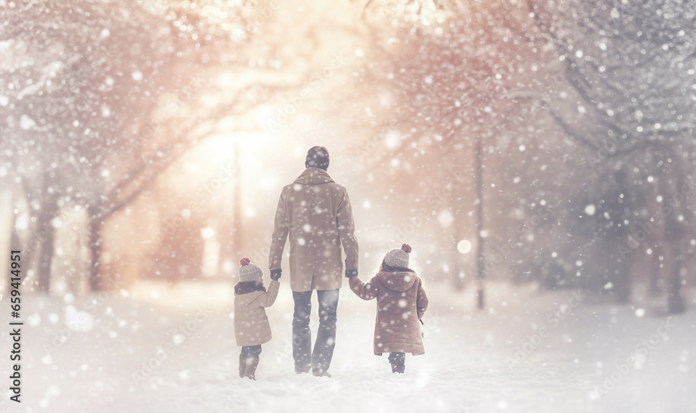 Father and child walking in magical landscape with snow fall. Happy family having fun outdoor in winter forest under snowflakes. Magic snowfall. Christmas and New Year illustration