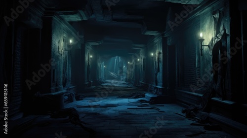 background of creepy interior hallway or tunnel of an abandoned building, concept art, digital illustration, haunted house, scary interior