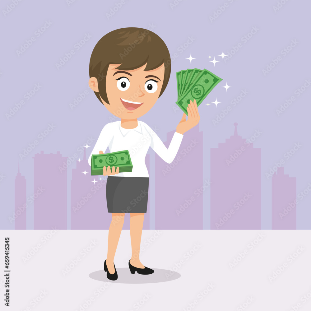 Happy business woman with cash or money, sticker, illustration, vector, cartoon, EPS 10. Happy business woman with cash or money, sticker, illustration, vector, cartoon, EPS 10.