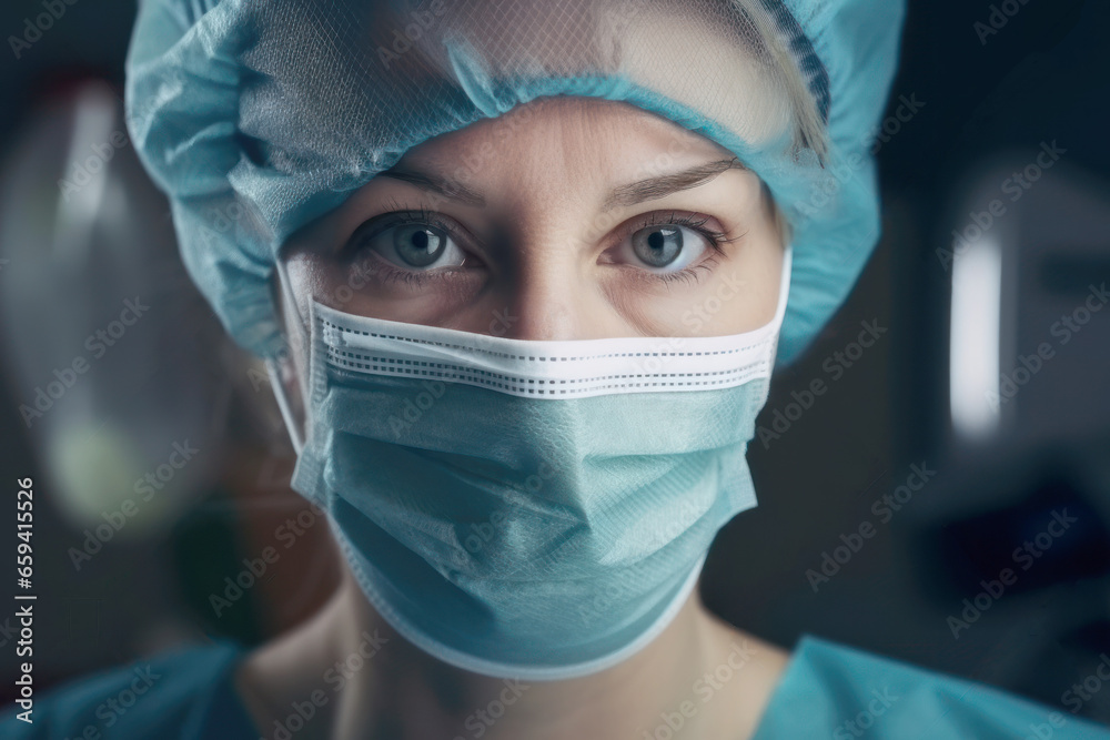 Portrait of tired doctor, nurse in medical face mask, working a shift in clinic