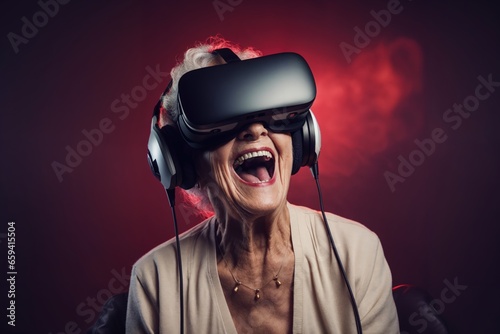 Modern aging concept, eldery people with VR, Virtual Reality Sensory Stimulation,  eldery people playing video game, Generative AI © Gasi