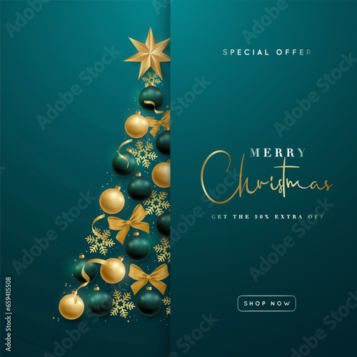 Christmas Sale Background. Abstract Christmas tree from realistic gold and green balls and snowflakes. Design for shop discount banner, social media.