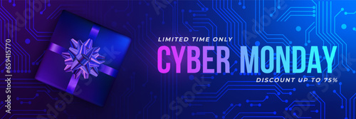 Cyber monday banner with realistic Gift Box and foil bow. Sale design on tech blue circuit board background.