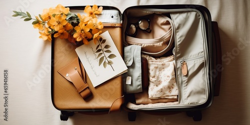 An appealing flat lay showcasing a packed suitcase and passports, ready for a honeymoon adventure, leaving a generous empty space for customized text or additional design elements.