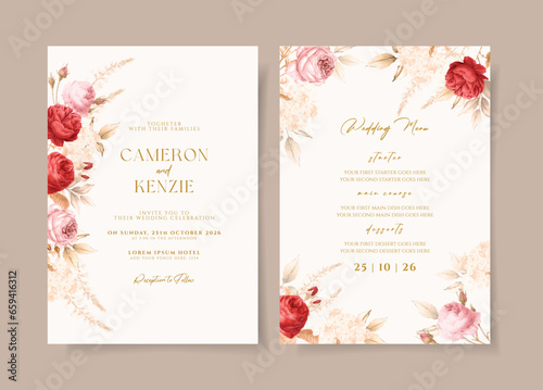 beautiful red pink floral wreath wedding invitation card template