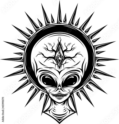 Stylized alien head with stone ink style. Tattoo, Halloween design and decor element. Highly detailed and accurate lines for print or engraving