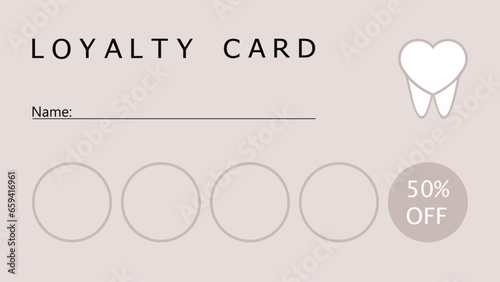 Loyalty card of dental clinic. Stomatology, dentistry, medical center. Special offer for clients.