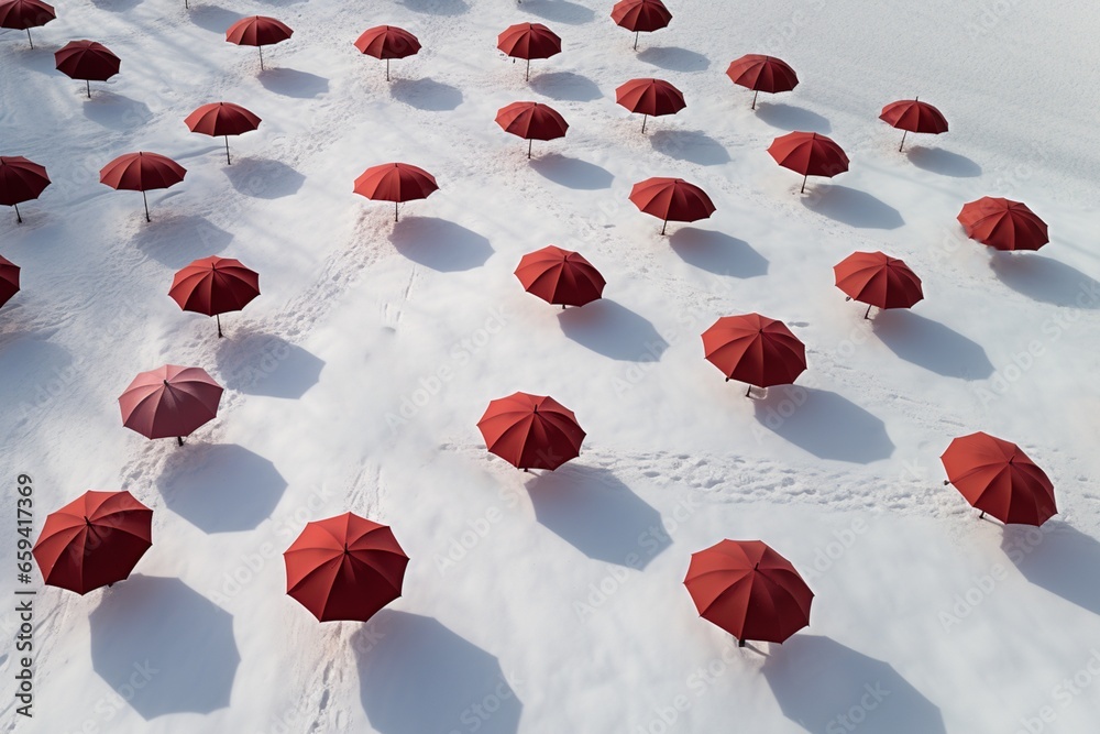 Pattern of red umbrellas on snowy winter landscape. Season greetings or happy Valentine concept. Generative AI
