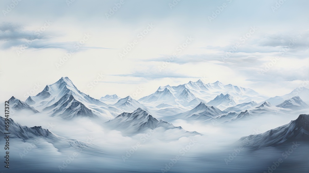  a painting of a mountain range with clouds in the sky.  generative ai