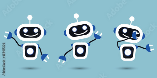 set of cute illustrations of artificial intelligence robot characters in different poses waving, greeting and saying hello. vector illustration