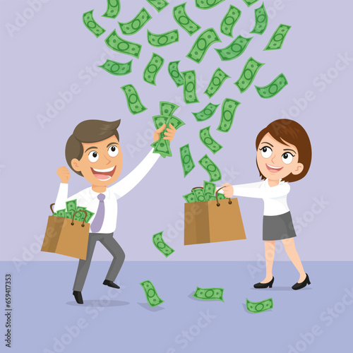 Happy business couple standing under money banknotes shower, sticker, illustration, vector, cartoon, EPS 10.  
