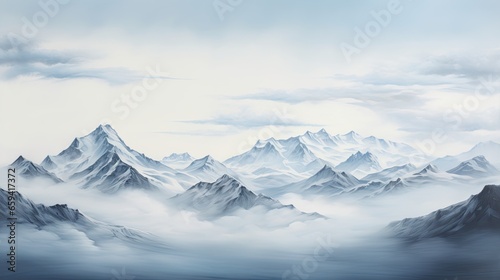  a painting of a mountain range with clouds in the sky.  generative ai © Olga