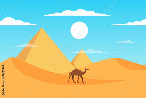 pyramids egypt Desert with caravan of camels landscape background