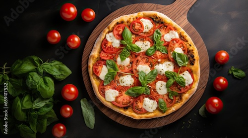  a pizza with tomatoes, mozzarella and basil on a cutting board. generative ai