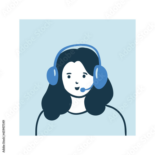 Young woman with headphone and microphone. Call center operator. Online training. Call the zoom. Vector illustration.
