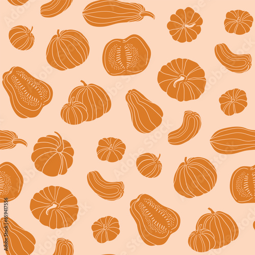 Pumpkin stylish seamless pattern. Autumn orange food fabric design in hand-drawn style. Whole and slices of pumpkin isolated on pastel orange background. 