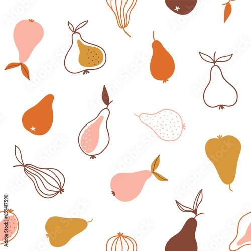 Stylish pear seamless pattern in Scandinavian style. Vector fruit illustration. Natural seamless texture. Abstract baby fabric design.