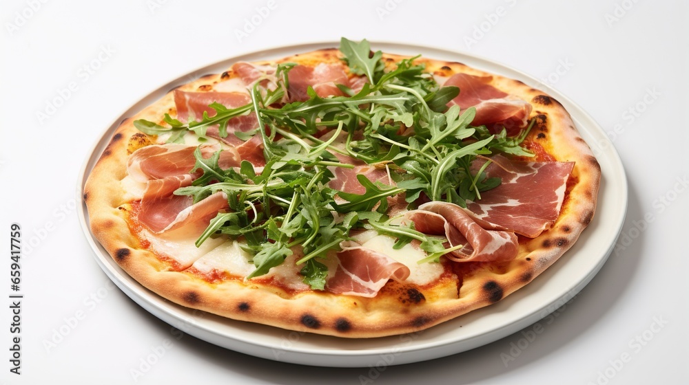 a small pizza topped with prosciutto and arugula. generative ai a small pizza topped with prosciutto and arugula. generative ai