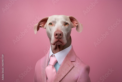 Dog in a pink jacket and tie