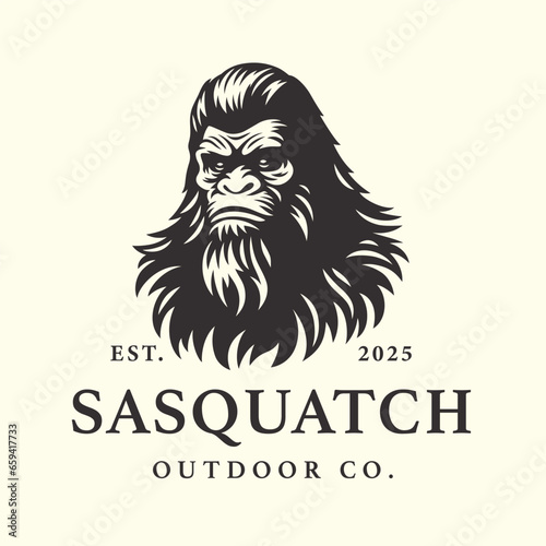 Bigfoot logo design. Sasquatch face brand icon. Yeti symbol. Wood ape emblem. Mythical cryptid creature vector illustration.