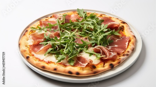  a small pizza topped with prosciutto and arugula. generative ai