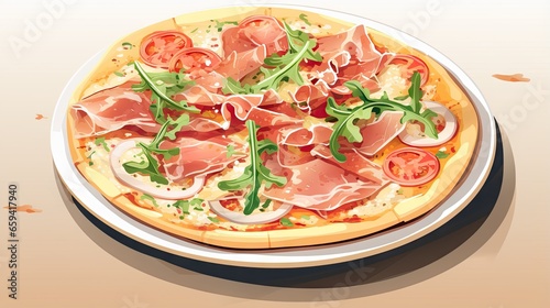 a pizza with ham and tomatoes on a plate on a table. generative ai