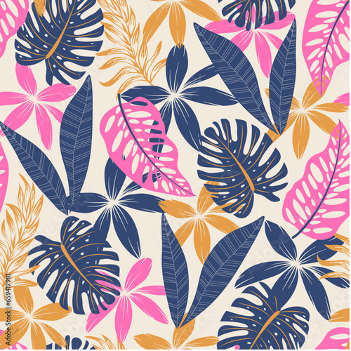 Abstract seamless tropical pattern with bright plants and leaves on a beige background. Vintage pattern. Beautiful seamless vector floral pattern. Exotic wallpaper.