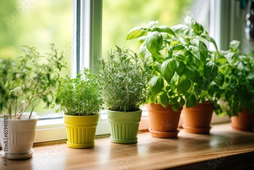Different aromatic potted herbs  basil  thyme  rosemary. Spring eco organic garden on wooden windowsill at home. Close up.